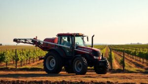 Boom sprayer parked at the end of a vineyard row