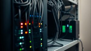Server rack with cabling beside an external hard drive