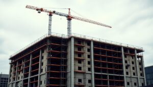 Commercial building under construction with a tower crane