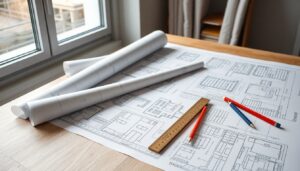Architectural drawings and building plans on a drafting table