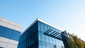 Office building facade with glazing and shading fins