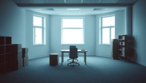 Empty office with a desk and stacked boxes