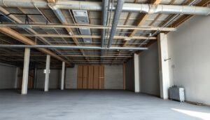 Empty commercial interior mid fitout with exposed services