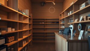 Small retail shop interior with stocked shelving