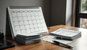 Wall planner beside invoices on a tidy desk