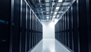 Server room aisle with rack mounted equipment