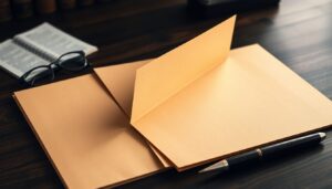 Three closed folders on a desk with glasses and a pen