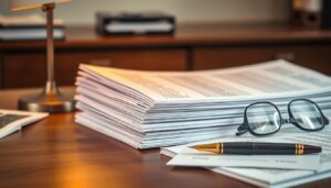 Bound financial reports on a desk with a pen and glasses