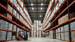 Warehouse racking with pallets and a forklift