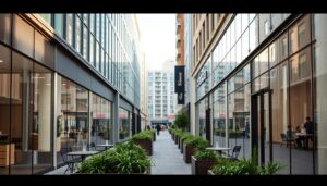 Rebuilt retail street with glass shopfronts and outdoor seating