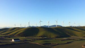 Wind turbines on a New Zealand ridgeline above farmland