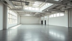 Empty open plan commercial office with concrete floors and large windows