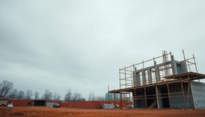 Stalled construction site with idle scaffolding