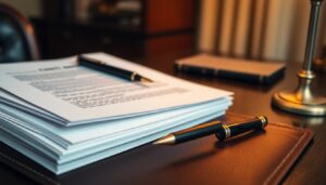 Bound contract documents beside a fountain pen