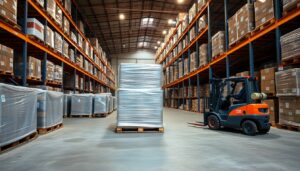 Shrink wrapped cargo pallets and racking in a bonded warehouse