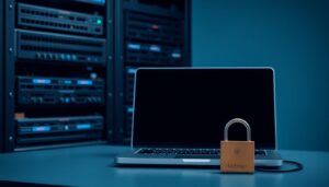 Server rack and laptop on a desk beside a padlock