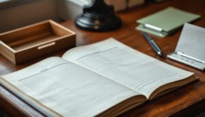 Open ledger book beside an empty inbox tray