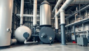 Industrial boiler house with insulated pipework and gauges