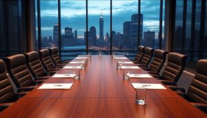 Empty boardroom with a long table and city view at dusk