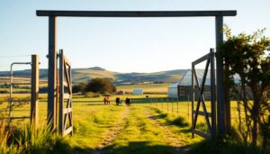 Farm gate onto mixed pasture, woodlot and polytunnel