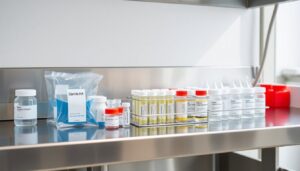 Sample collection kit and containers on a clinical bench