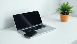 Laptop and smartphone on a clean white desk