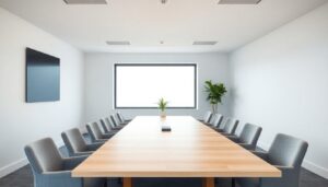 Empty office meeting room with a timber table and daylight