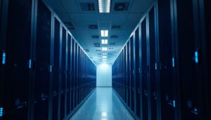 Server room aisle with rack mounted equipment