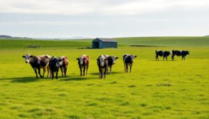 Dairy cattle grazing near a milking shed on flat pasture