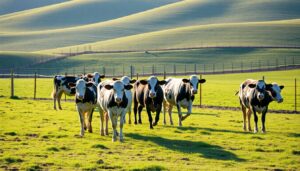 Dairy cattle grazing beside a farm race and shelter belt