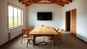 Farm office meeting room overlooking green paddocks