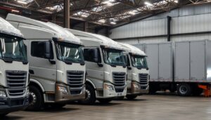 Heavy trucks parked in a maintenance depot workshop