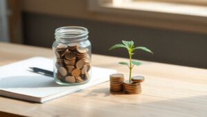 Jar of coins beside a seedling on a desk