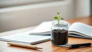 Seedling in a jar of soil beside a ledger