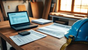 Contractor invoices, calculator and laptop on a workshop bench