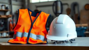 High visibility vest and hard hat on a workbench