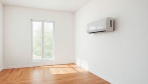Heat pump mounted on the wall of an empty living room