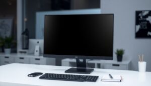 Computer monitor and keyboard on a clean desk