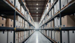Warehouse shelving stocked with plain cartons