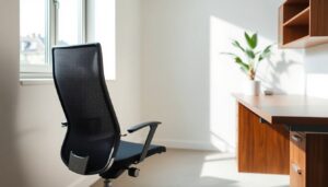 Empty office chair beside a desk and window