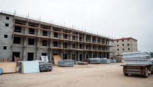 Partly completed building with idle scaffolding