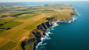 Coastal New Zealand farmland meeting the sea