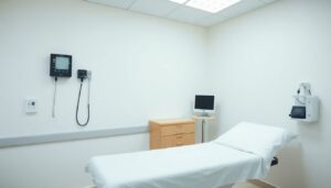 Clinical examination room with monitor and bed