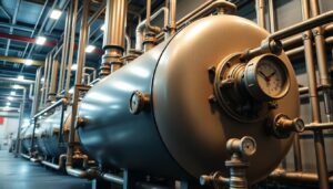 Industrial pressure vessel with pipework and gauges