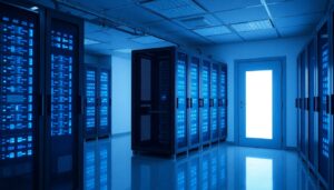 Server cabinets and a biometric access panel in a secure data room