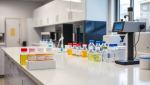 Laboratory bench with sample containers and instruments