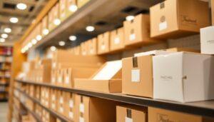 Retail shelf with plain cardboard packaging