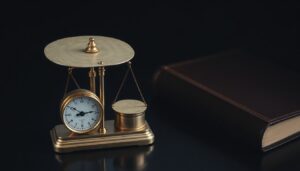 Brass balance scales beside a leather bound book