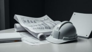 Technical drawings and a hard hat on a desk