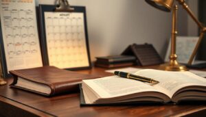Wall calendar and ledger on an accountant's desk